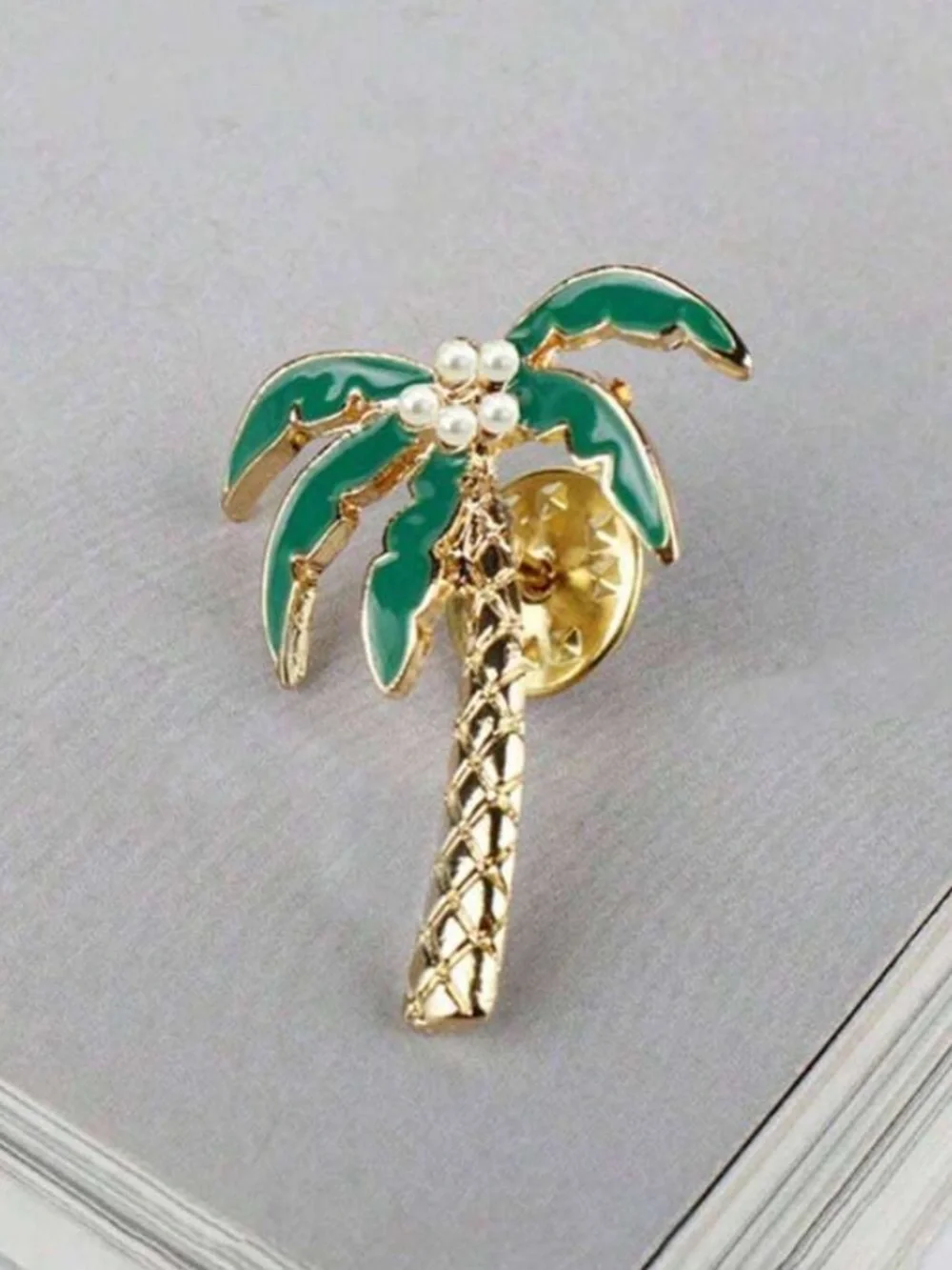 Gold Palm Tree Brooch with Green Enamel and Pearl Accents